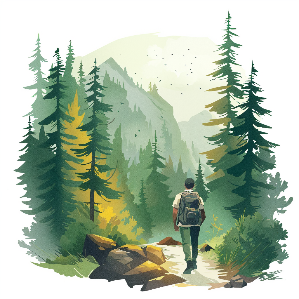 Man with backpack, starting a hike through the forest.