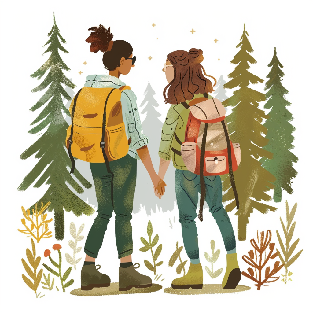 Friends supporting each other in a forest while on a hike.