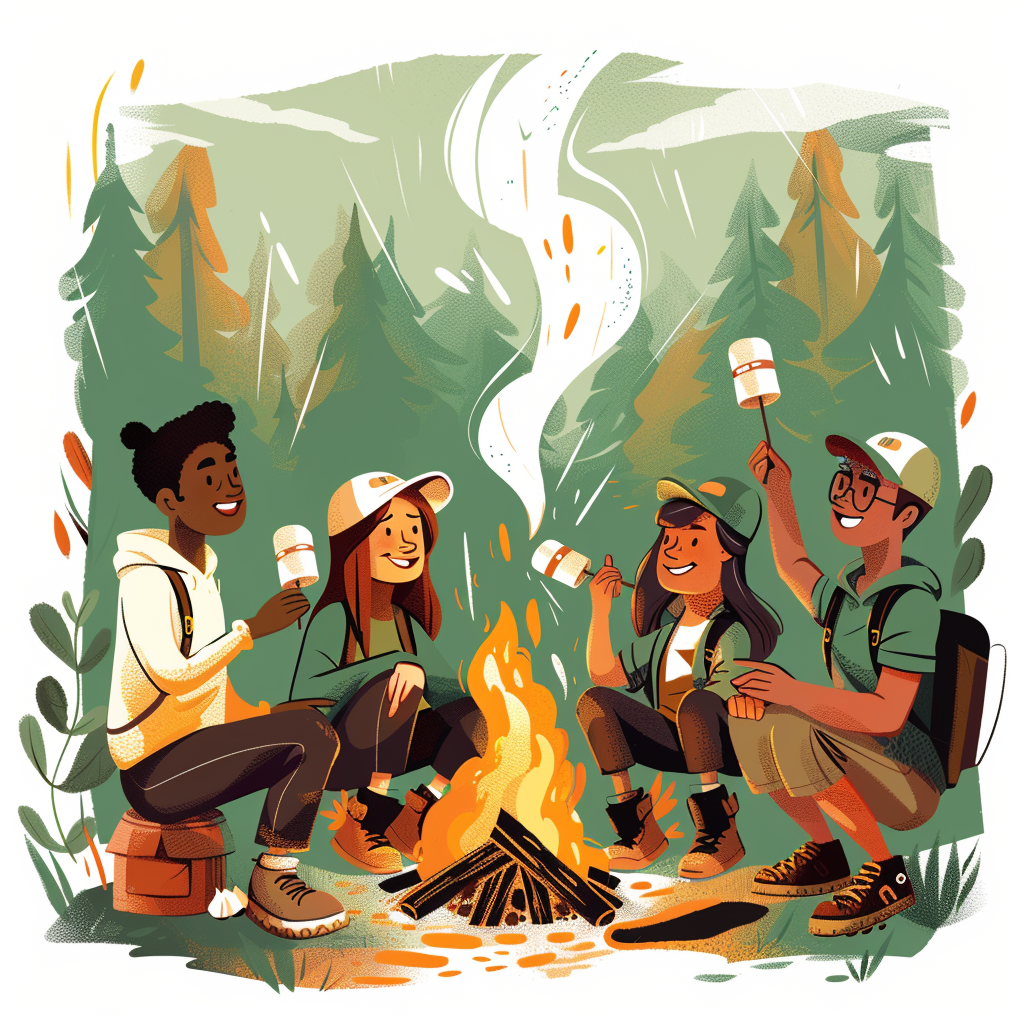 A group of friends camping; roasting marshmallows.