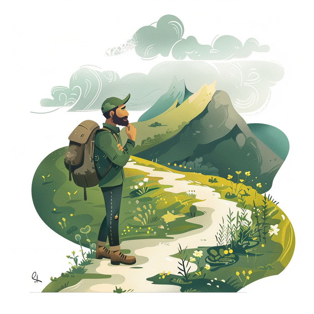 Hiker exploring the wilderness, coming up with an idea.